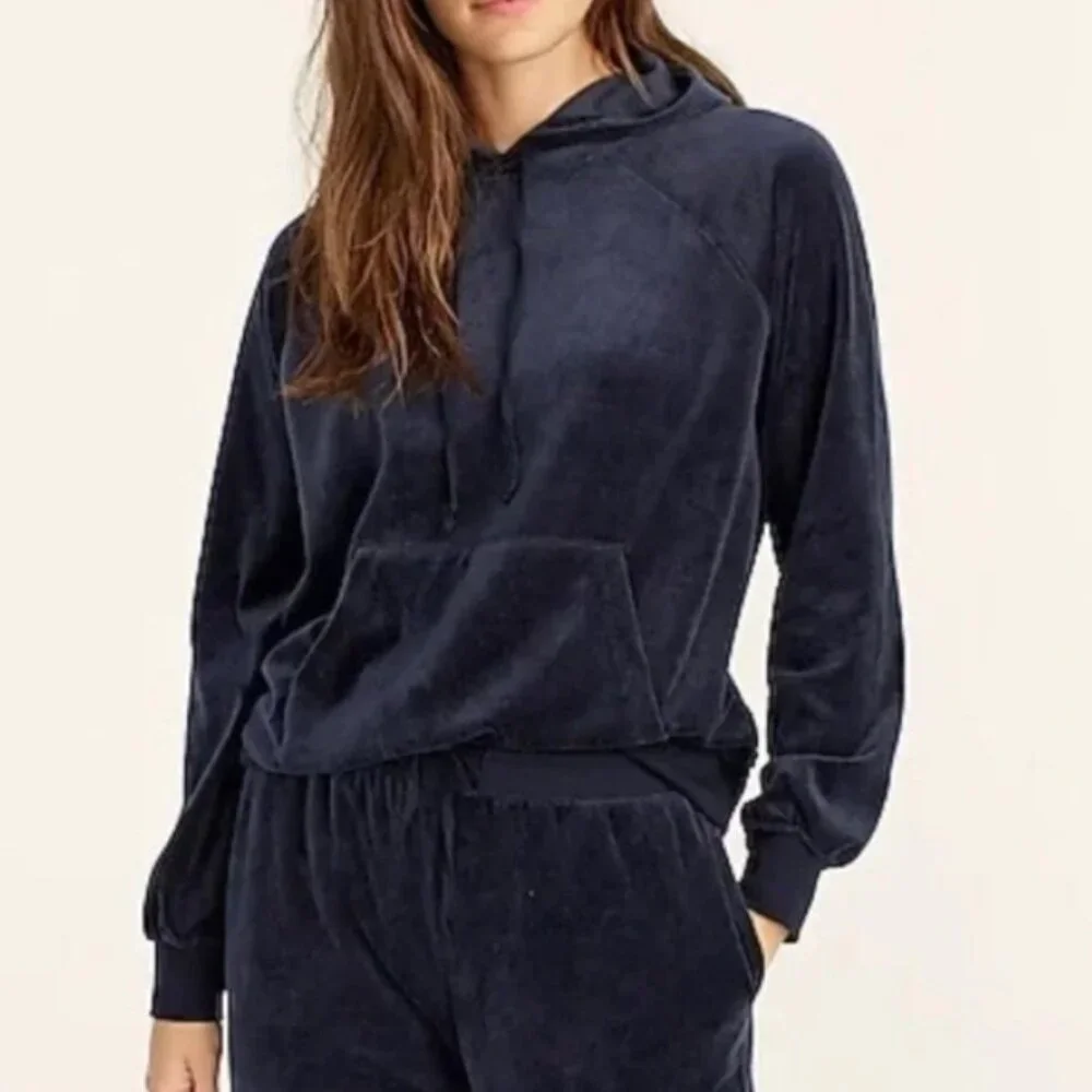 J.‎ Crew Womens Navy Blue Relaxed Fit Velour Pullover Hoodie Sweatshirt Medium